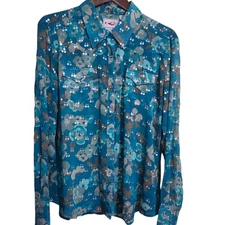 Roper Sequined Top Teal Western Pearl Snap Sheer Rodeo Cowgirl Size Large