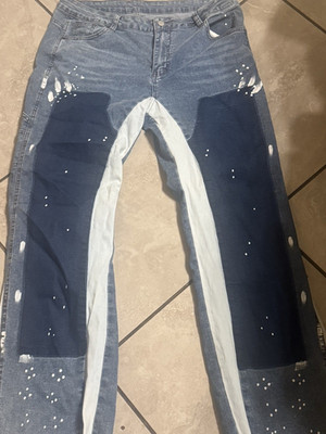 ROMWE Teens XL Straight Blue Denim Jeans Paint Splatter 5-Pocket Zip