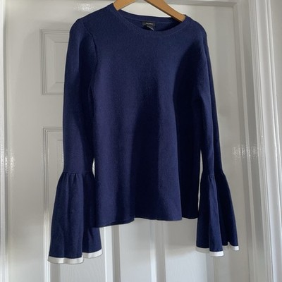Halogen Bell Sleeve Sweater Medium Navy Blue White Sleeve hems