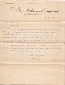 1898 Aetna Indemnity Co Hartford CT Signed R.A. Griffing President