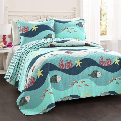 Sea Life Reversible Cotton Quilt Twin Size 3 Piece Set Blue - Bedding Set Twi...