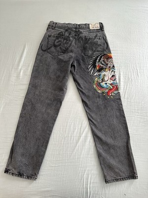 Vintage Ed Hardy Eagle Skull Embroidered Men s Size 34x30 Loose Fit Jeans Gray