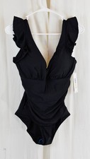DKNY Women's Ruffle Shoulder V-Neck One Piece Swimsuit Black Size M