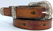 Vintage Western Hand Tooled Leather Belt Brown Silver Buckle Made in USA 32"