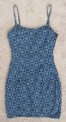 Divided H&M Small Unique Floral Checkered Stretch 2 Tone Denim Dress Junior