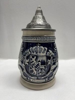 German Bayern Cobalt Blue Beer Stein Pewter Lid Lions Crest E.H.D