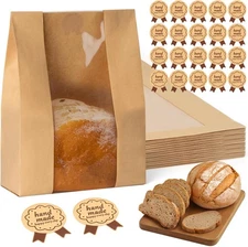 Sourdough Bread Bags 30 Pack Large Paper Gift Bags with Window and Seal Stickers