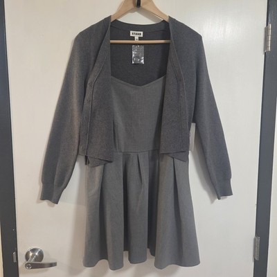 Staud Milo Dress XS Gray Layered Cardigan Pleated Mini Cotton Cashmere Preppy 
