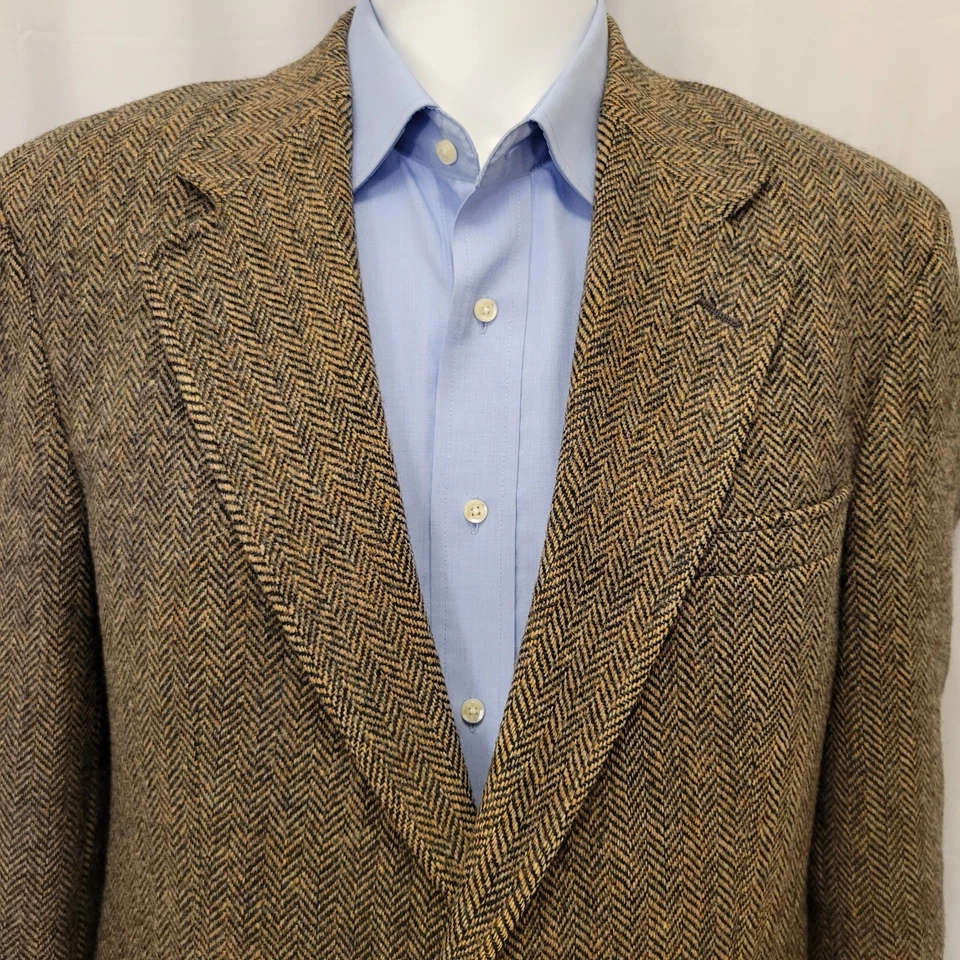 Lands' End Harris Tweed спортивное пальто мужской 43R herringbone куртка черный желтовато-коричневый США винтажный - Изображение 4 из 4