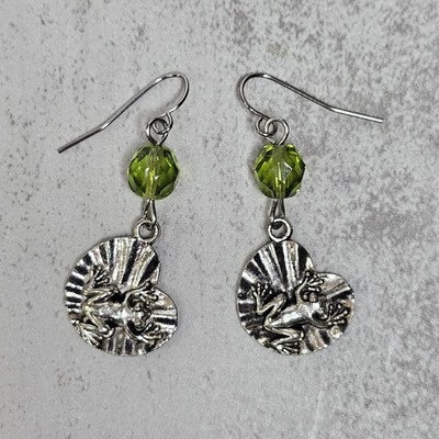 Frog On Lily Pad Earrings w Green Glass Beads New Dangle Drop Stainless Hooks