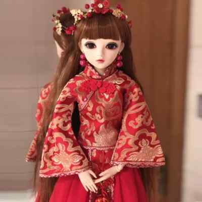 1/3 BJD Doll Girl Gift Face Makeup Eyes Wigs Clothes Red Bridal Wear Full Set