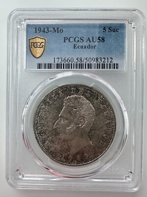 1943-Mo ECUADOR 5 Sucres PCGS AU58 Silver (.720)