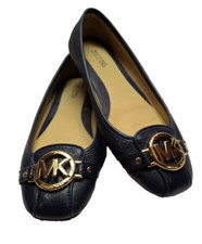 MICHAEL KORS Leather Ladies Ballet Flats Navy Gold Logo Charm Size 5M