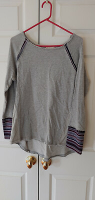 New Women Hem & Thread Gray Boho Pullover Raw Edge Long Sleeve Top Size L
