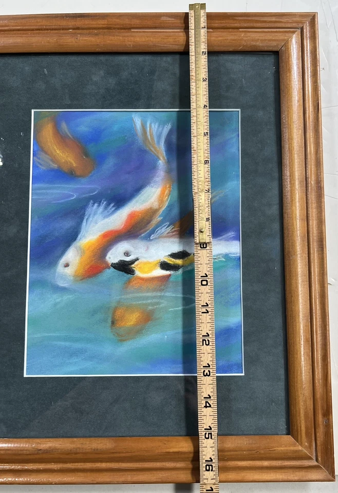 "Pintura pastel original jardín de peces koi enmarcada firmada por Sally Heald 13x17""" Foto 4 de 4