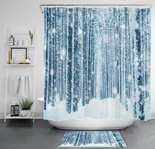 Winter Forest Snow Scenery Snowy Pine Tree Shower Curtain Set for Bathroom Decor
