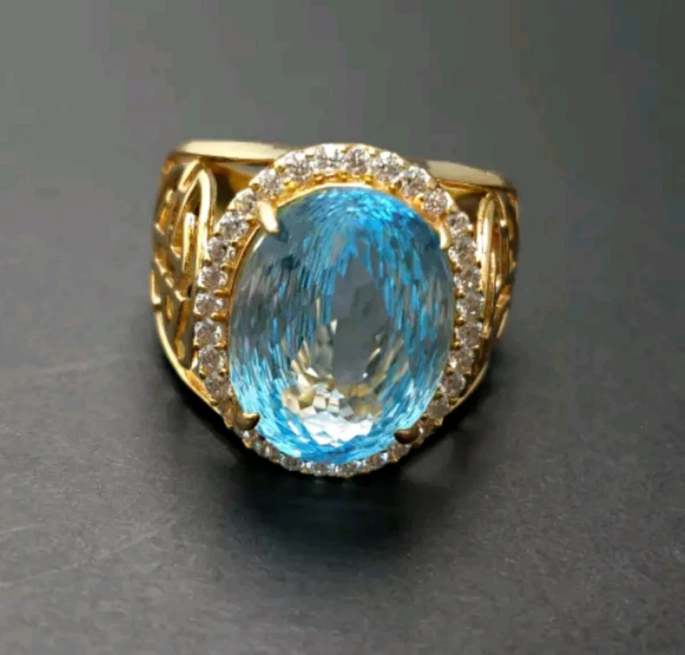 Oval 6.0 Carat Natural Blue Topaz Solid 14k Yellow Gold Ring For Men's #6339 - Image 3 of 4