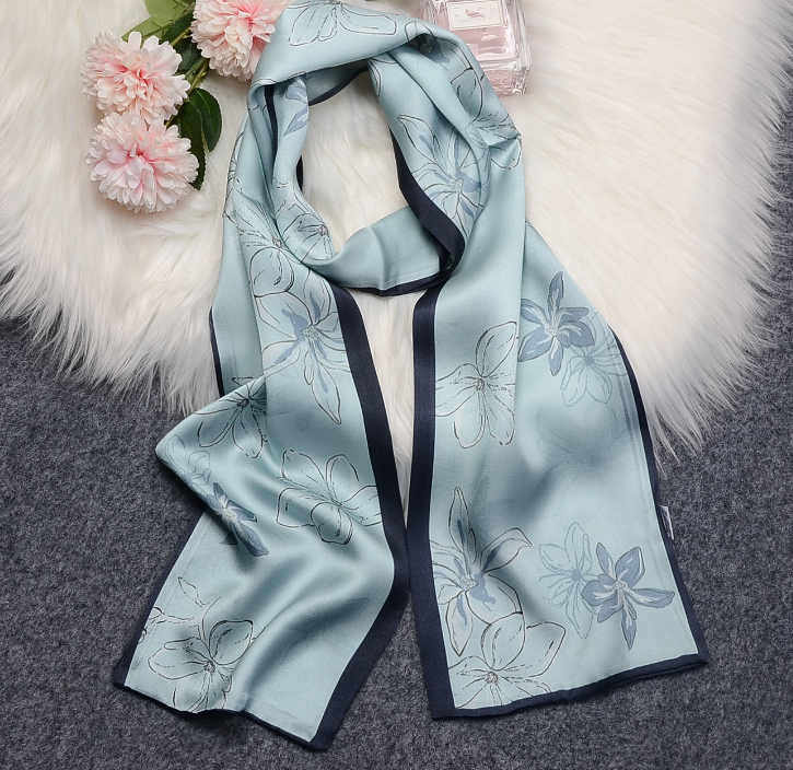 100% Pure Silk Blue Floral Scarf 12 Momme Double-Layer Ribbon 150x15cm