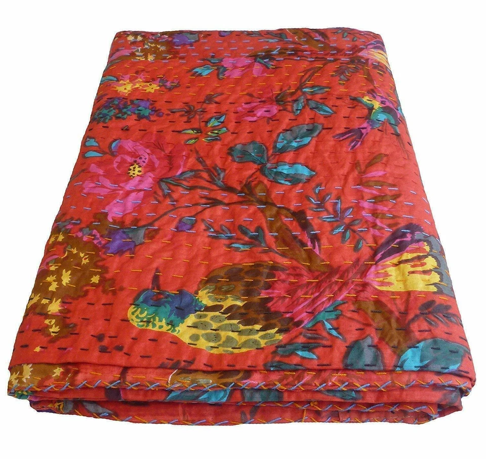 Hand Made Red Color Traditional Cotton Bad Cover Vintage Kantha Quilt Bedspread - Image 2 of 4
