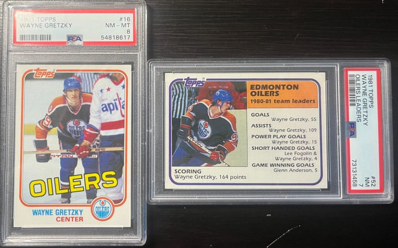 1981-82 Topps NHL Edmonton Oilers Wayne Gretzky PSA 8 & Team Leader PSA 7