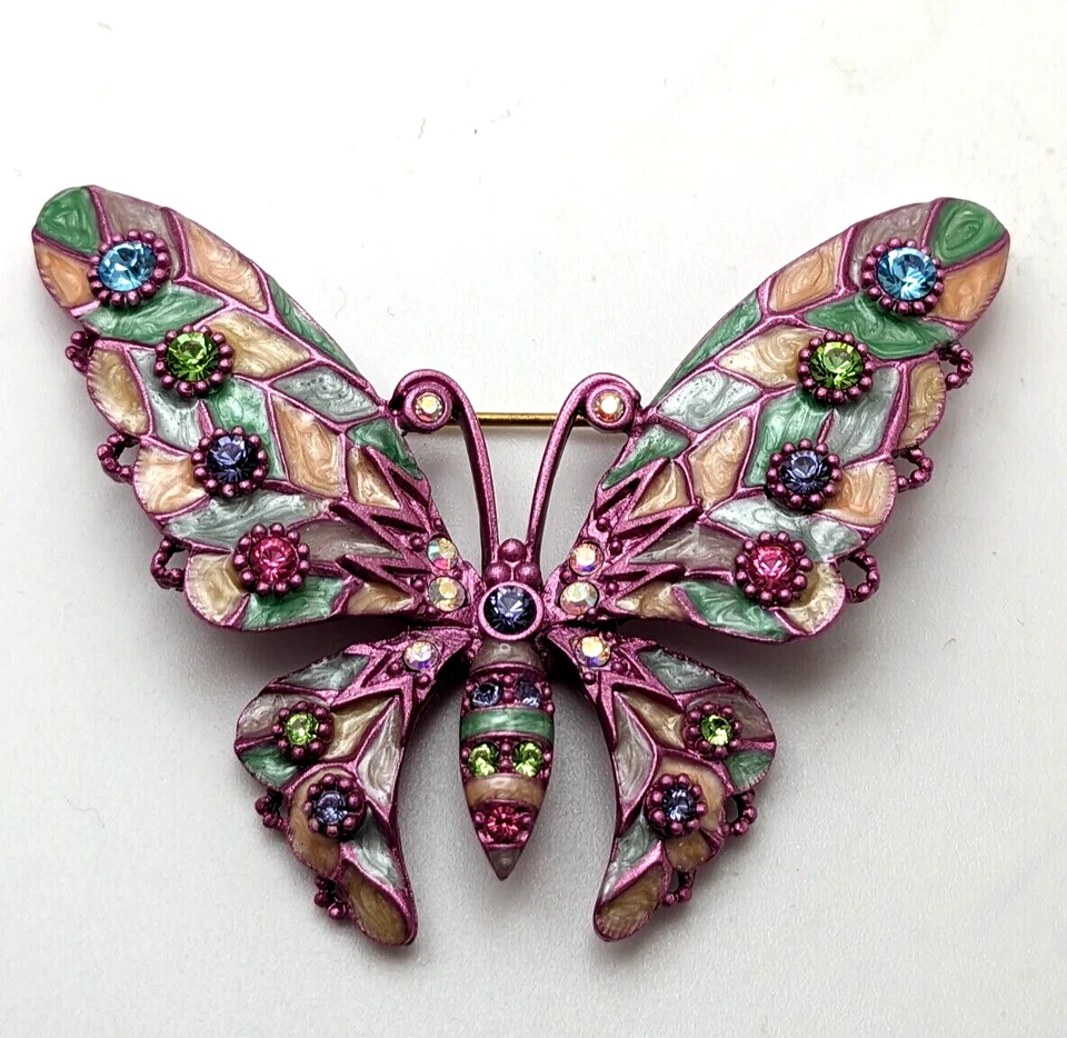 Винтажная Редкая Брошь Бабочка Joan Rivers Розовые Пастельные цвета Эмаль и Кристаллы - Изображение 2 из 4