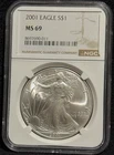 NGC MS69 2001 United States American Silver Eagle 1oz Fine Silver Coin S$1 -011