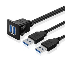 TNP Dual USB 3.0 Flush Mount Cable 2 Ports USB3.0 6 Feet , Black, Square