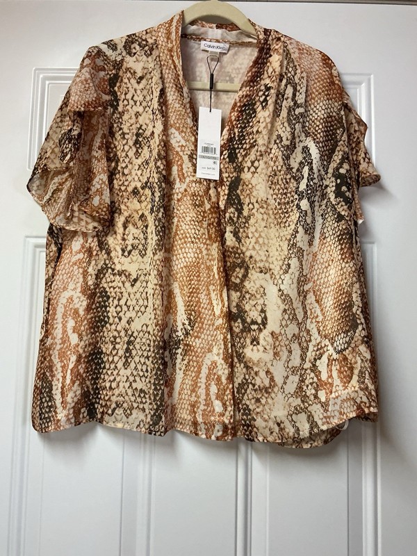 Calvin Klein 1X Top Shirt Blouse Snakeskin Print NWT Brown White