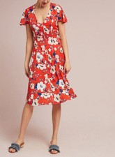 Anthropologie London Rose Regents Dress Orange Floral Open Back Midi V-Neck sz S