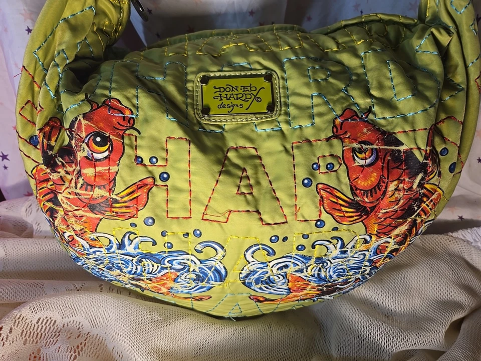 Винтажный Y2K Ed Hardy сумочки сумка California выстеганная Koi рыбы сумочка Дамская сумка светло-синий - Изображение 2 из 4