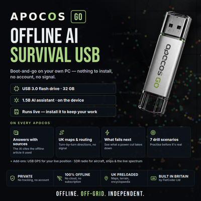 Offline AI Survival USB - UK Karten, Prepper Library, Off-Grid PC - ApocOS Go