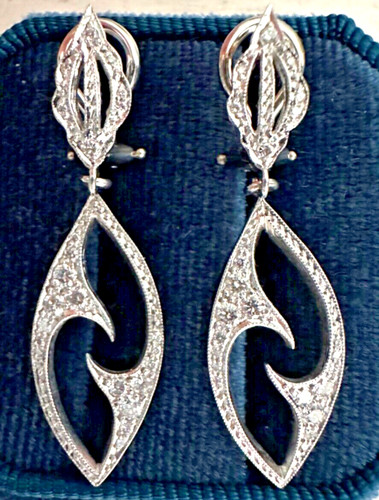 Designer CATHY WATERMAN Platinum & approx 48 Diamonds Dangle Drop Earrings 1.5"
