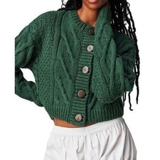 Free People Bonfire Cardi Cropped Button Up Cable Knit Green Boho Cottagecore S