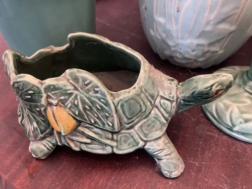 Vintage McCoy Pottery Green Turtle Flower Planter Water Lily
