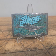 Vtg Navajo Sterling Silver Chip Turquoise Bird Stamped Belt Buckle