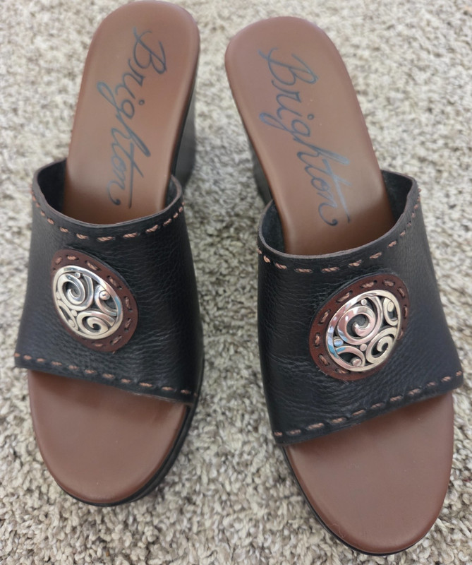 Brighton Dusty Black/Brown Leather 3” Wedge Slip-On Open Toe Sandal Wedge 6.5 M