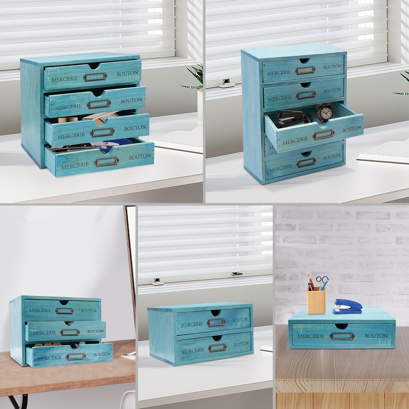 Five-Piece Set Pine Wood Desktop Drawers Vintage Wooden Desktop Organizer Blue