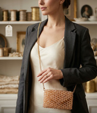 Champagne Crystal Beaded Evening Bag with Gold Chain | Luxury Mini Clutch Purse 