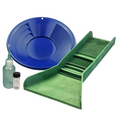 Sluice Monkey 12'' Blue Gold Pan, Sniffer, Vial & Pocket Sized TPR Plastic Green