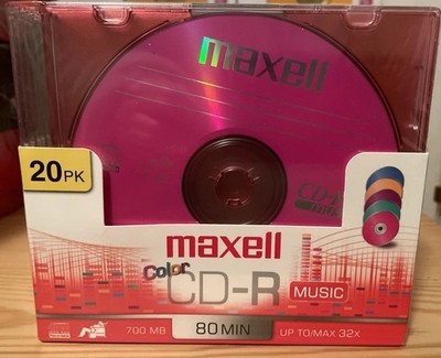 Maxell 20 PK Color Cd-r Music Blank 32x 80 Min 700 MB 5 Colors for