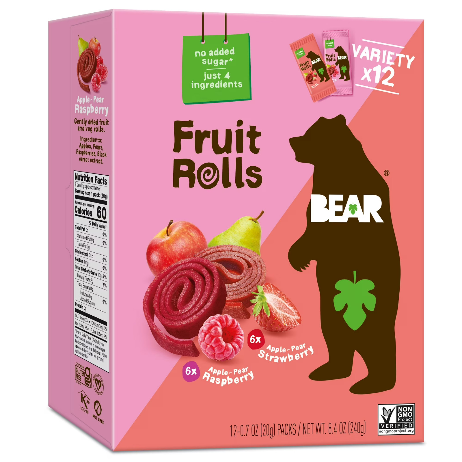 BEAR Fruit Rolls Variety Pack Straw/Rasp 8.4oz, No Added Sugar, Non-GMO, 12 coun