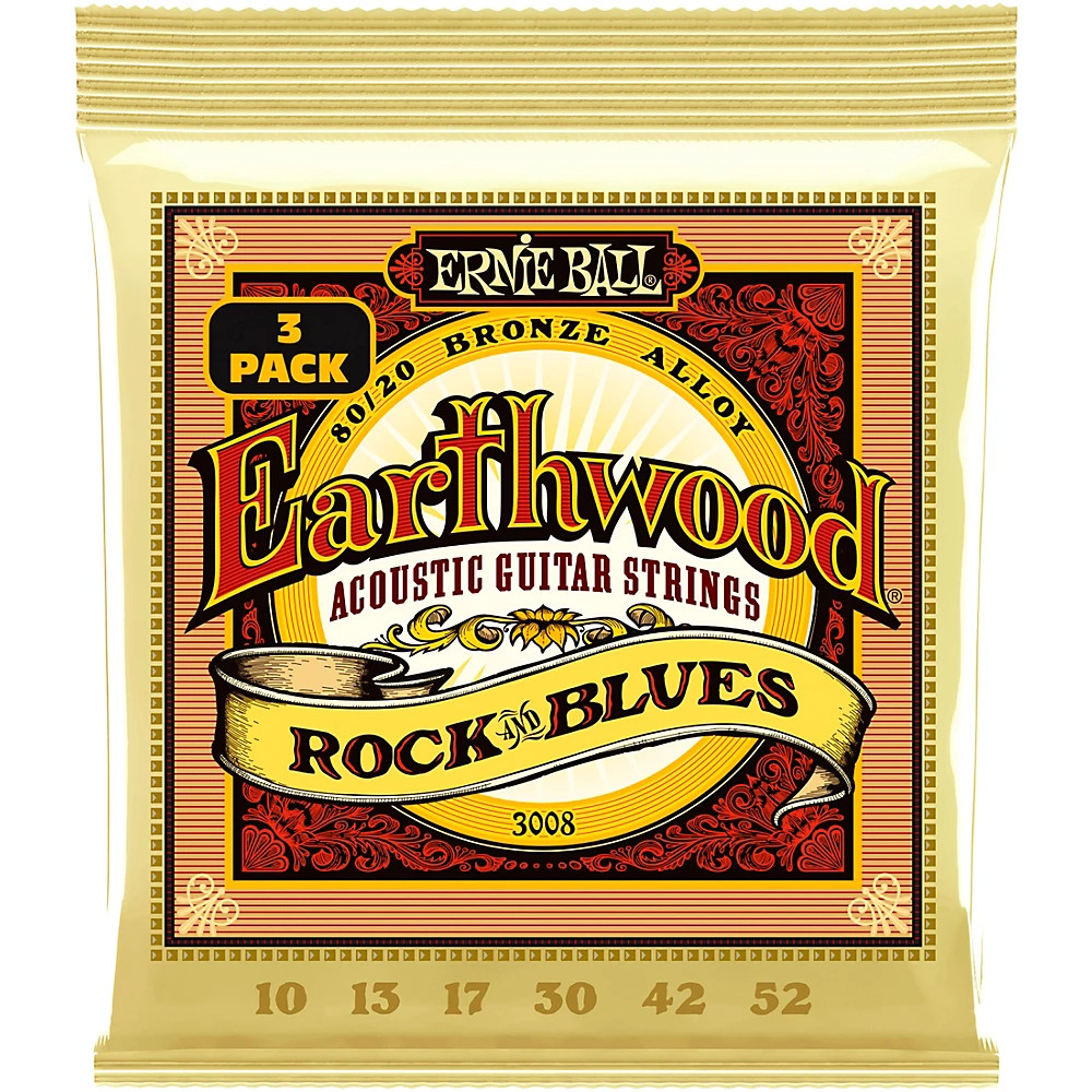 Ernie Ball Earthwood Rock/Blues 80/20 Bronze Acoustic Guitar Strings 3 Pk 10-52