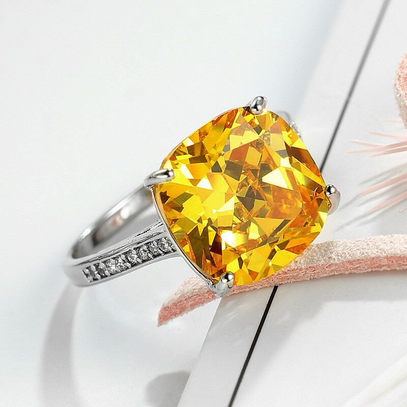 Handmade Square Shaped Natural Shiny Yellow Citrine Gems Silver Ring Size  6-10
