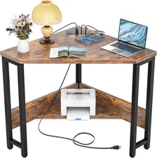 Armocity Corner Desk Small Space Computer W/USB & Outlets Triangle Desk, Brown