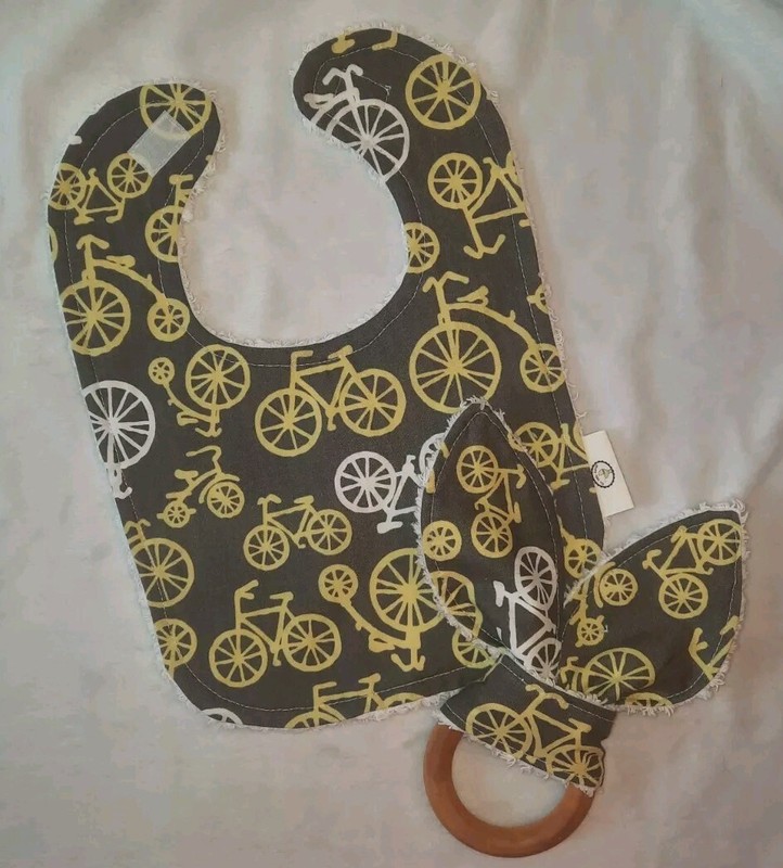 Boutique Gray And Yellow Bicycles Chenille Bib And Teether Set