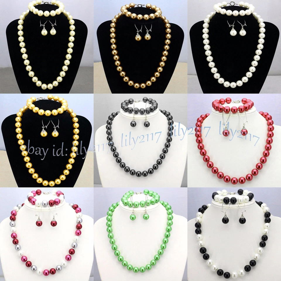 Juego de aretes collar cuentas redondas perlas concha del mar del sur 8/10/12 mm 18"" Foto 2 de 4