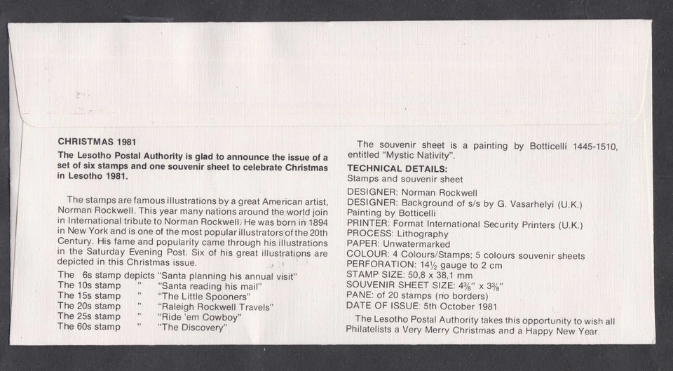 LESOTHO 1981 FDC ARTE NAVIDAD PINTURA BELÉN MÍSTICO POR BOTTCELLI + CACHÉ Foto 2 de 2