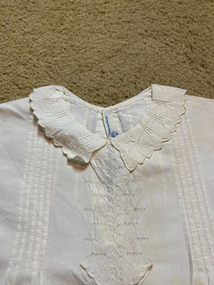 Vintage 40s Handmade Baby Christening Baptismal Romper White Cotton Embroidery - Image 3 of 4