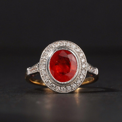 18ct Gold Art Deco Style Orange Ruby Natural Diamond Halo Ring $10k Val