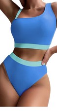 Esprlia Blue High Waisted One Shoulder Color Block Bikini Small NWOT